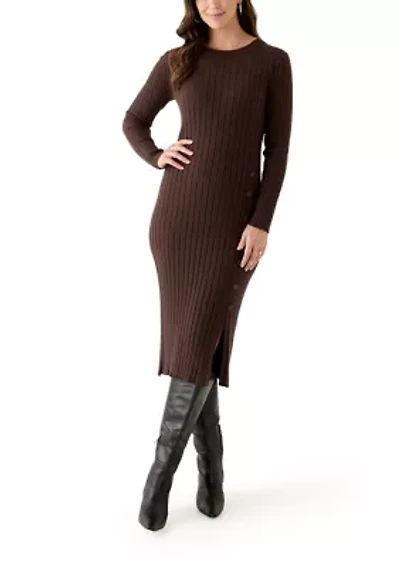 Women's Long Sleeve Crew Neck Side Button Sweater Dress