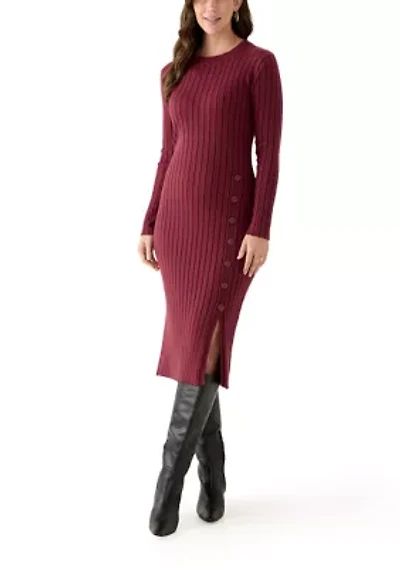 Women's Long Sleeve Crew Neck Side Button Sweater Dress