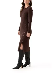 Women's Long Sleeve Crew Neck Side Button Sweater Dress