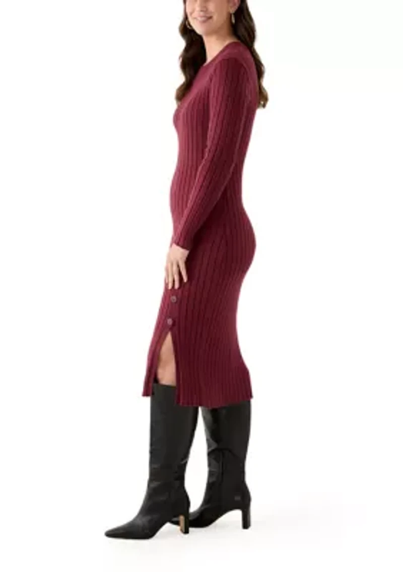 Women's Long Sleeve Crew Neck Side Button Sweater Dress