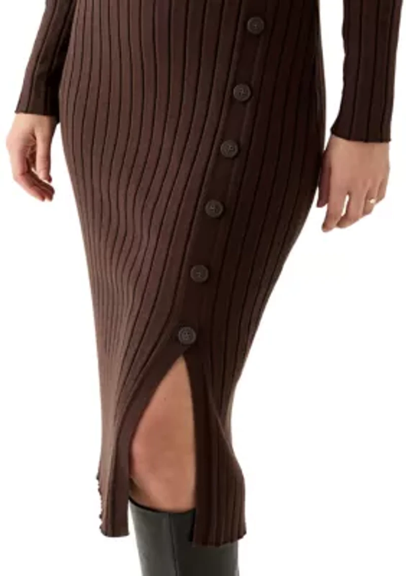 Women's Long Sleeve Crew Neck Side Button Sweater Dress