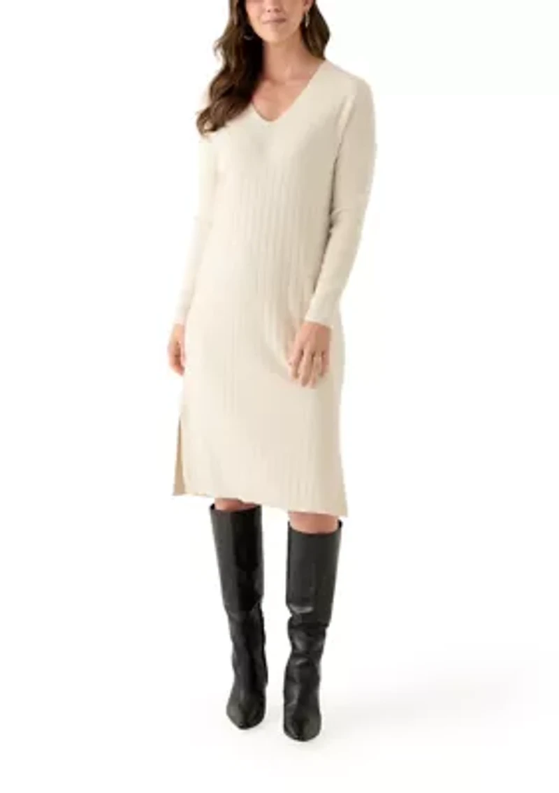 Women's Long Sleeve V-Neck Side Slit Sweater Dress