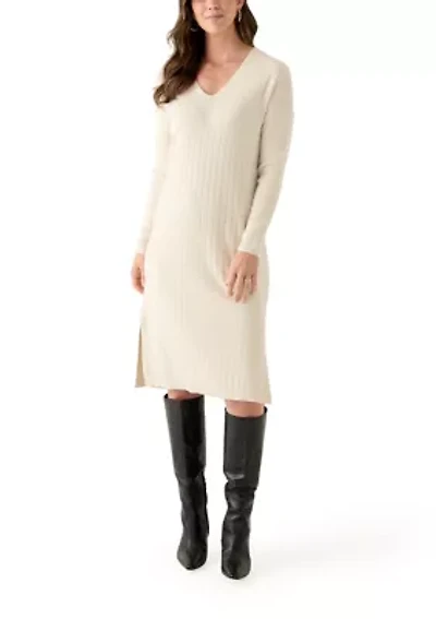 Women's Long Sleeve V-Neck Side Slit Sweater Dress