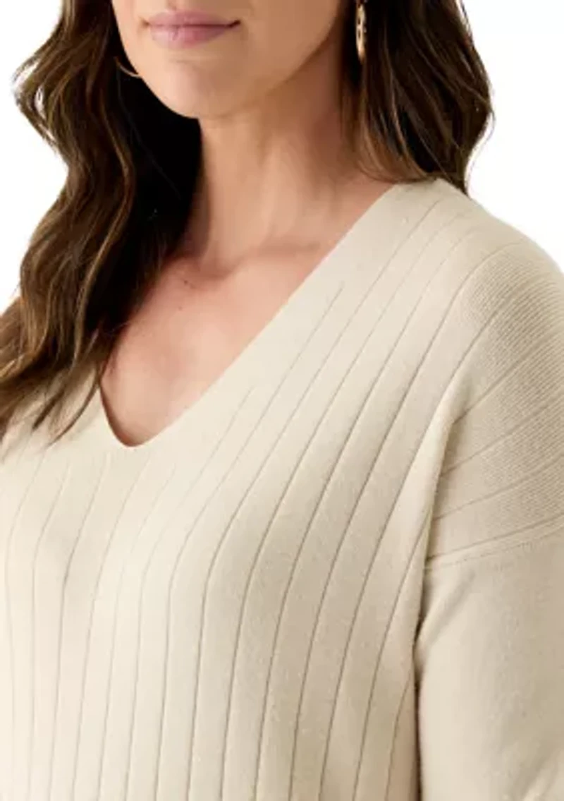 Women's Long Sleeve V-Neck Side Slit Sweater Dress