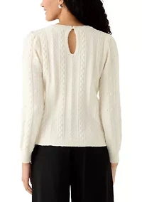 Women's Long Sleeve Keyhole Back Popcorn and Cable Sweater