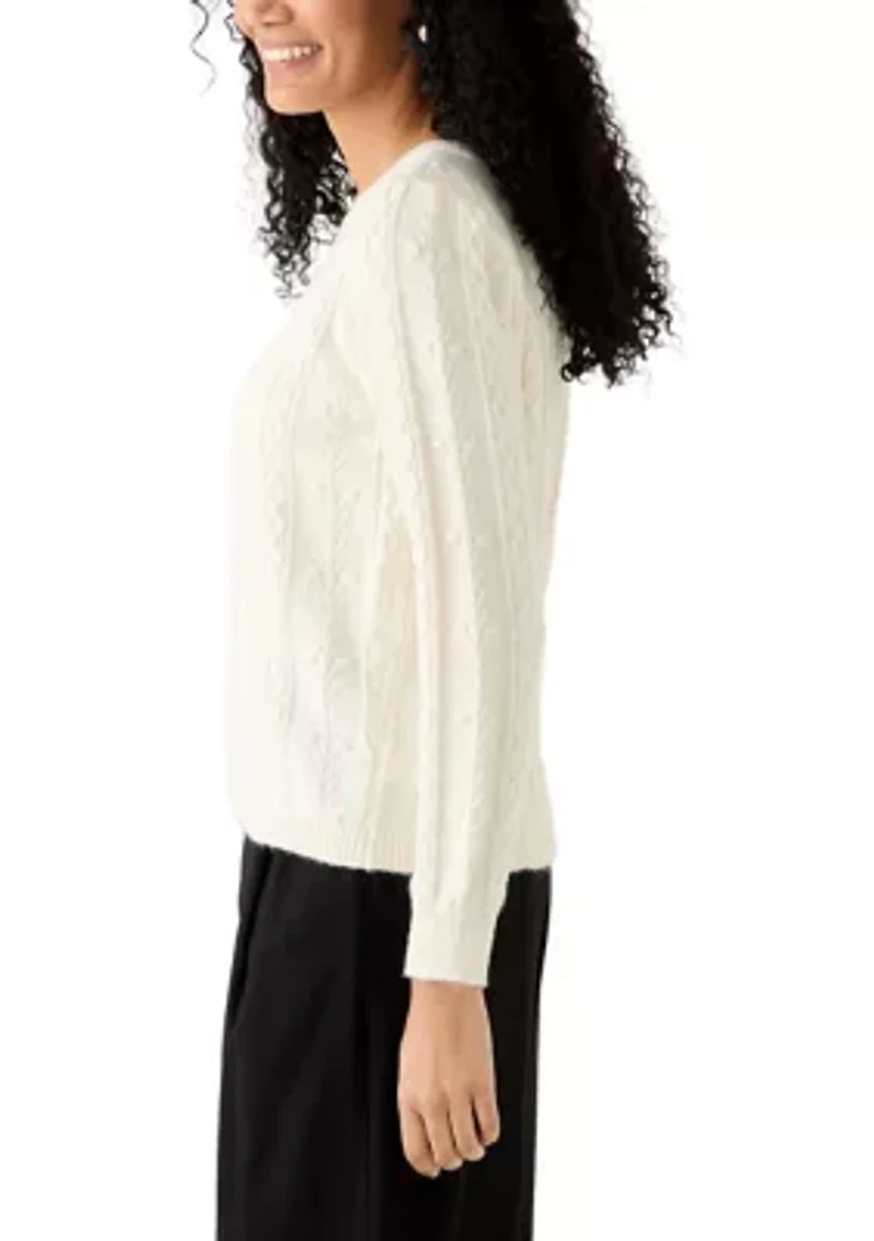 Women's Long Sleeve Keyhole Back Popcorn and Cable Sweater