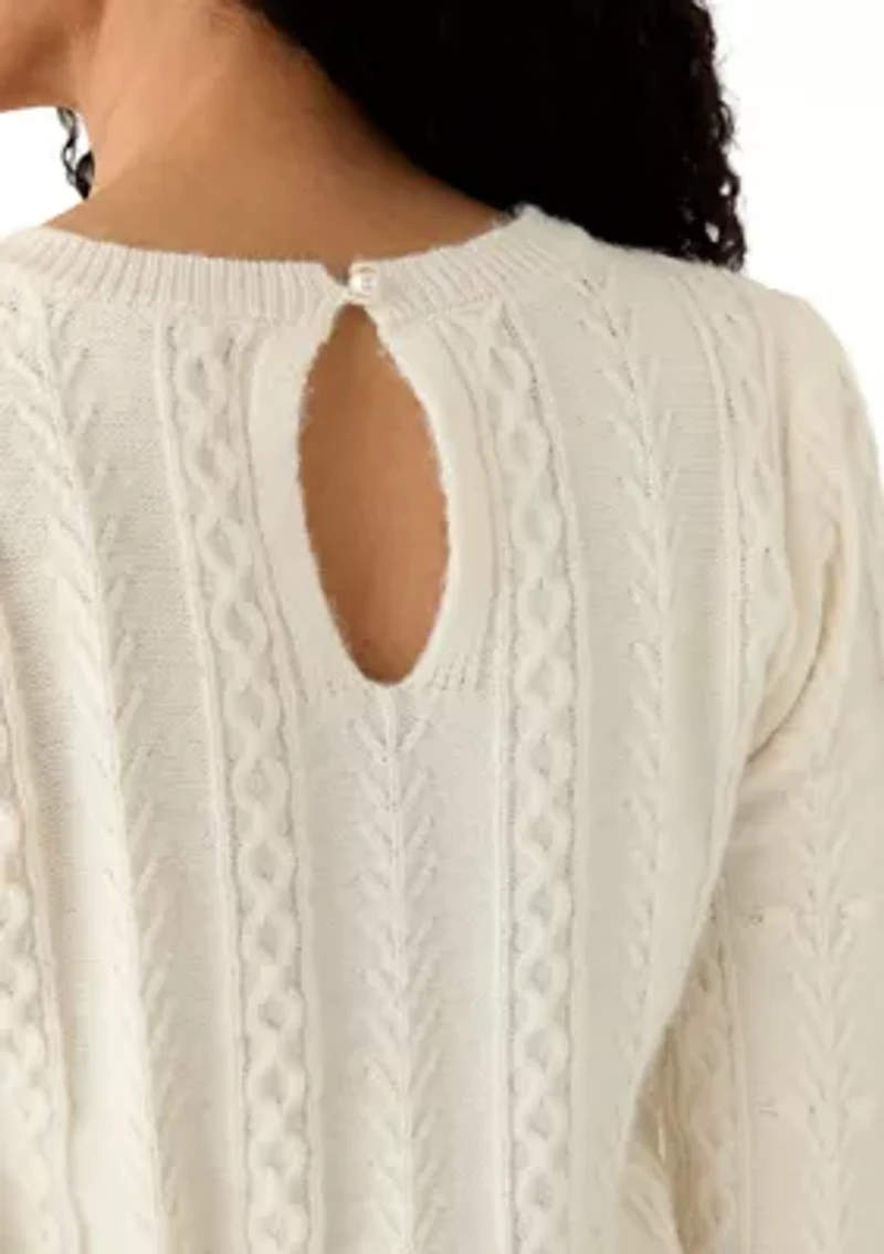 Women's Long Sleeve Keyhole Back Popcorn and Cable Sweater