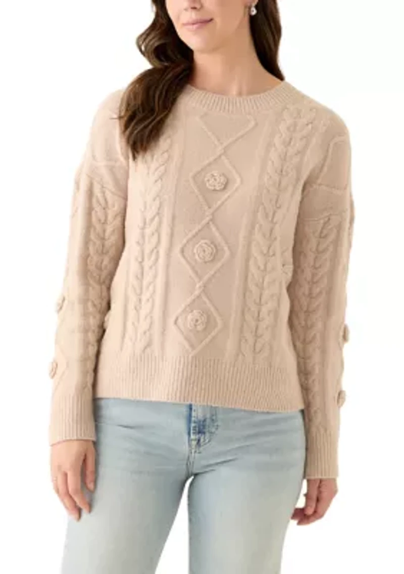 Women's Long Sleeve Mock Neck 3D Floral Sweater