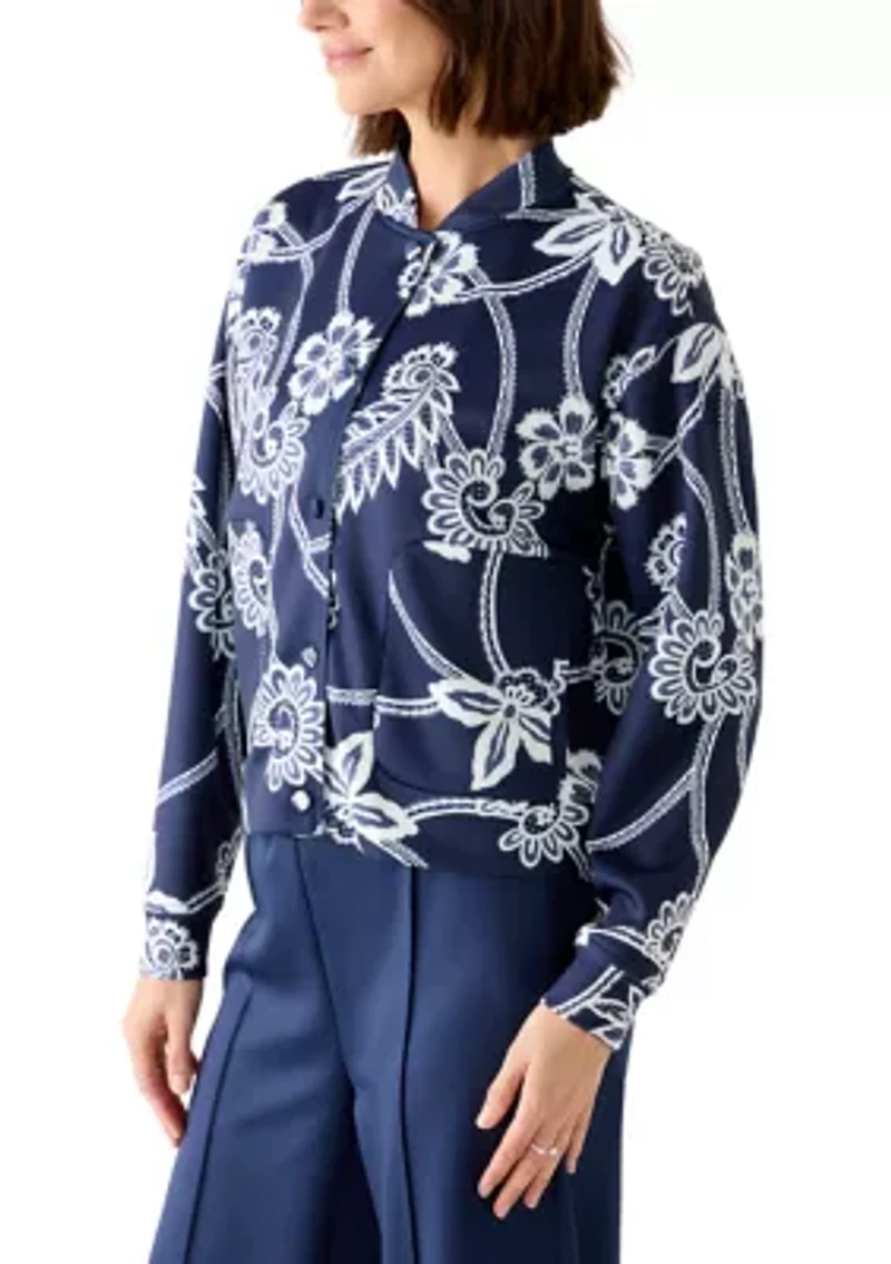 Women's Printed Scuba Bomber Jacket with Pockets