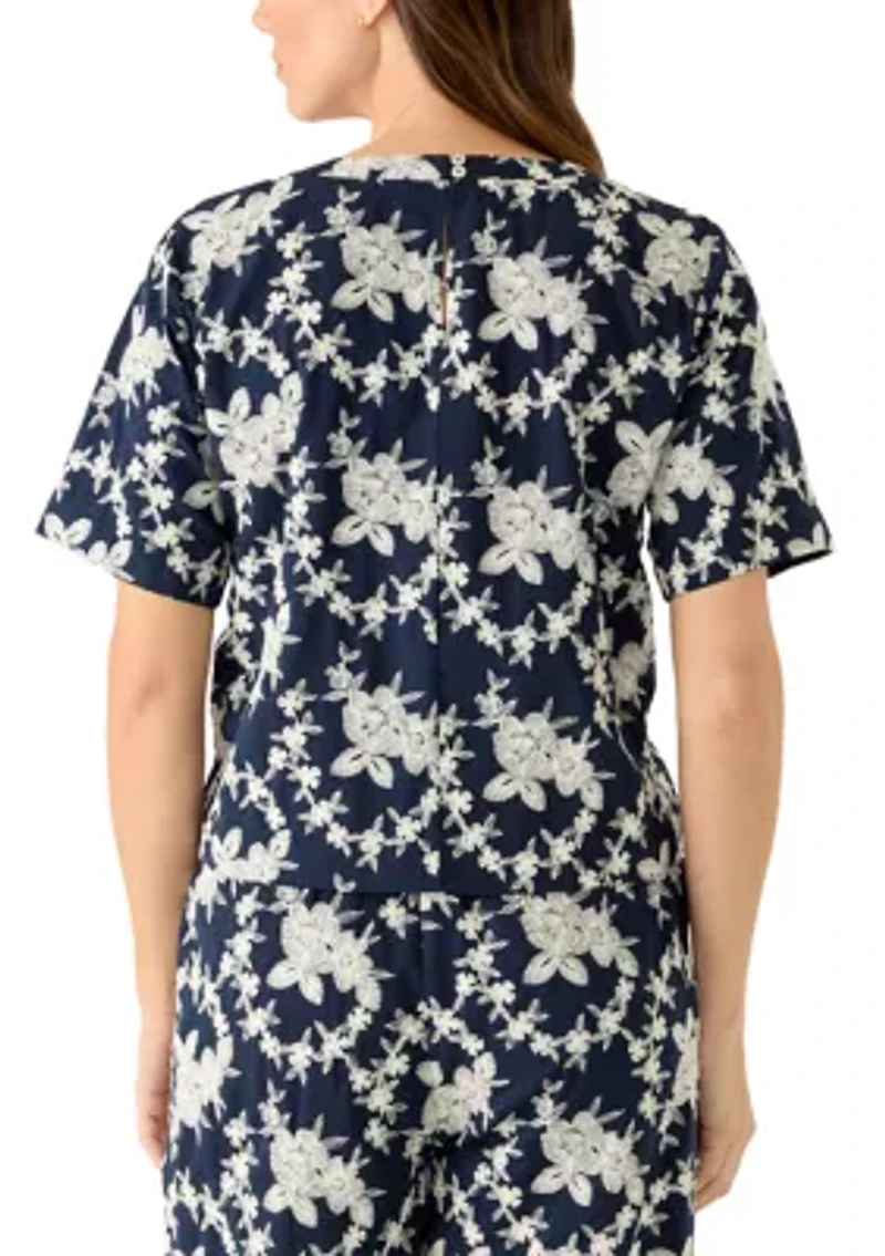 Petite Embroidered Crew Neck Top