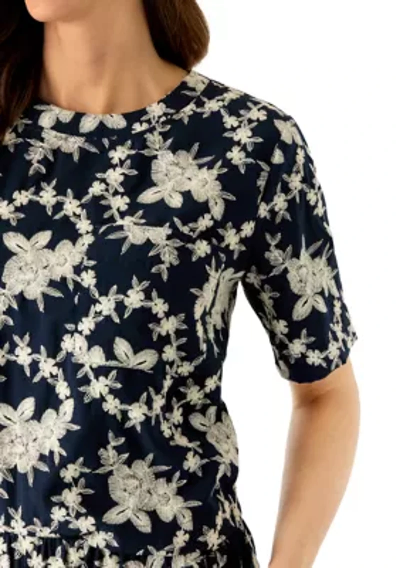 Petite Embroidered Crew Neck Top