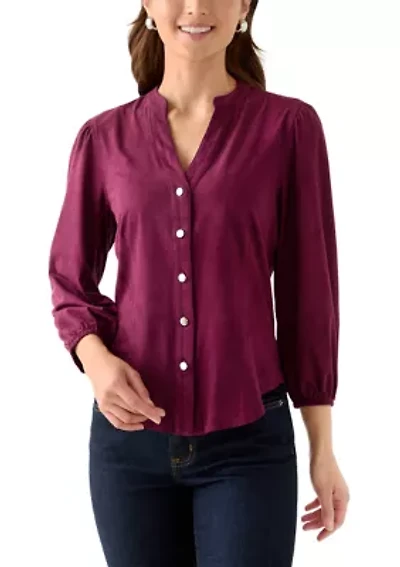 Petite Faux Suede Button Down Shirt