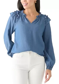 Petite Split Neck Ruffle Top