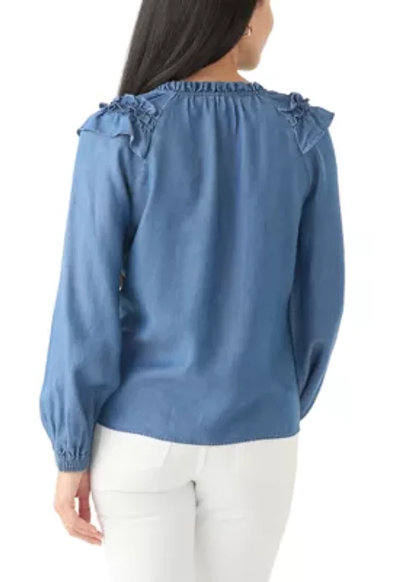 Petite Split Neck Ruffle Top