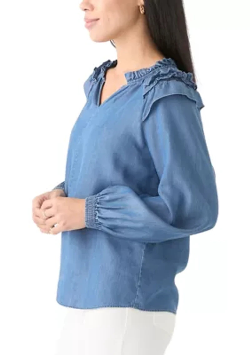 Petite Split Neck Ruffle Top