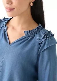 Petite Split Neck Ruffle Top