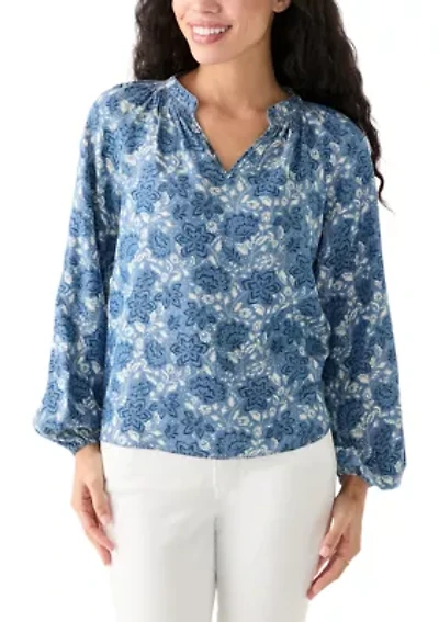 Petite Long Sleeve Split Neck Peasant Blouse