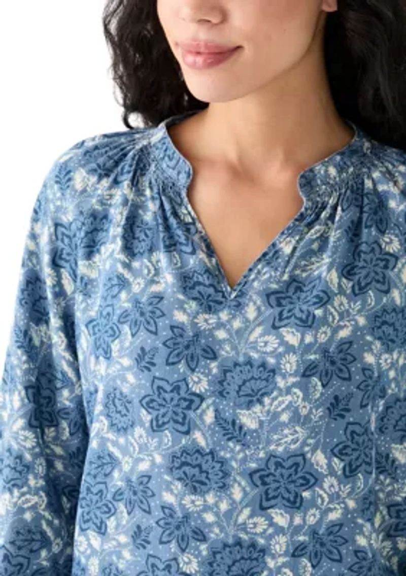 Petite Long Sleeve Split Neck Peasant Blouse