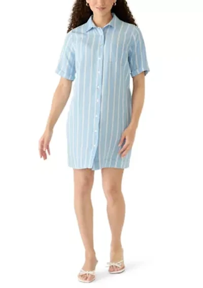 Petite Short Sleeve Striped Button Front Dress