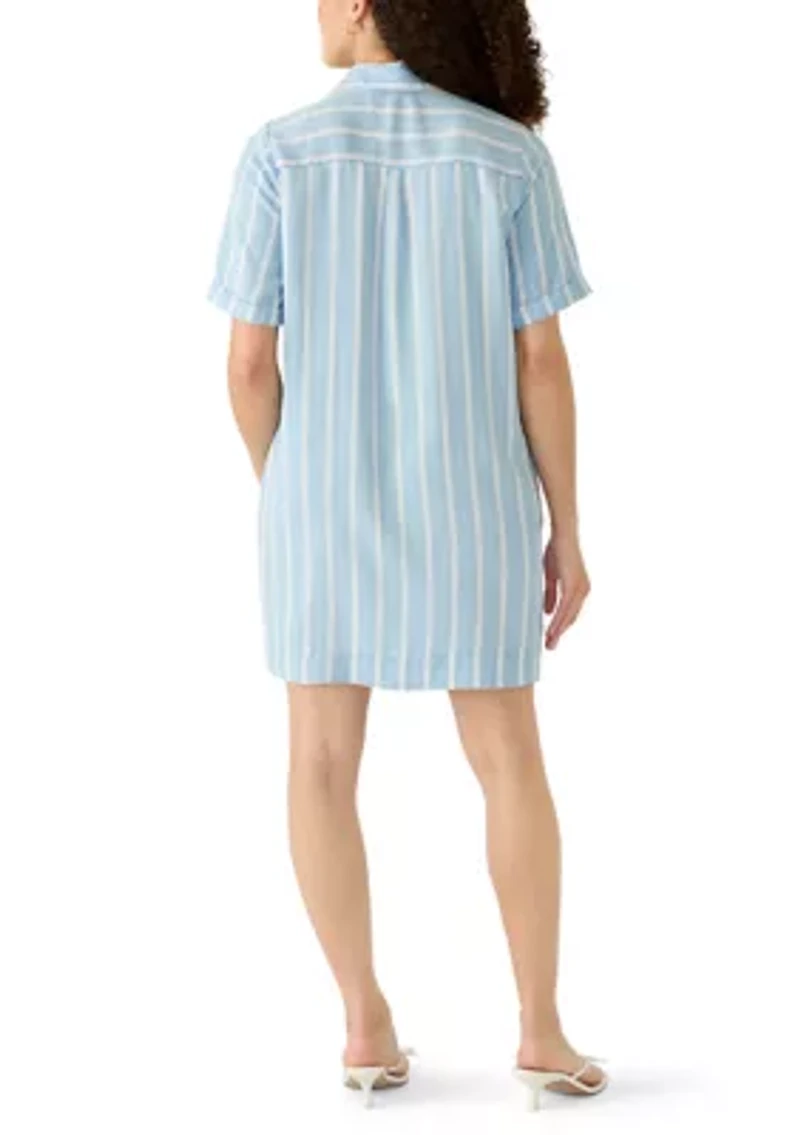 Petite Short Sleeve Striped Button Front Dress