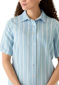 Petite Short Sleeve Striped Button Front Dress