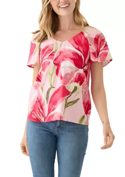 Petite Short Flutter Sleeve Floral Top