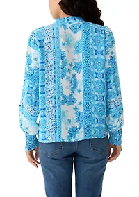Petite Printed Long Sleeve Button Down Blouse