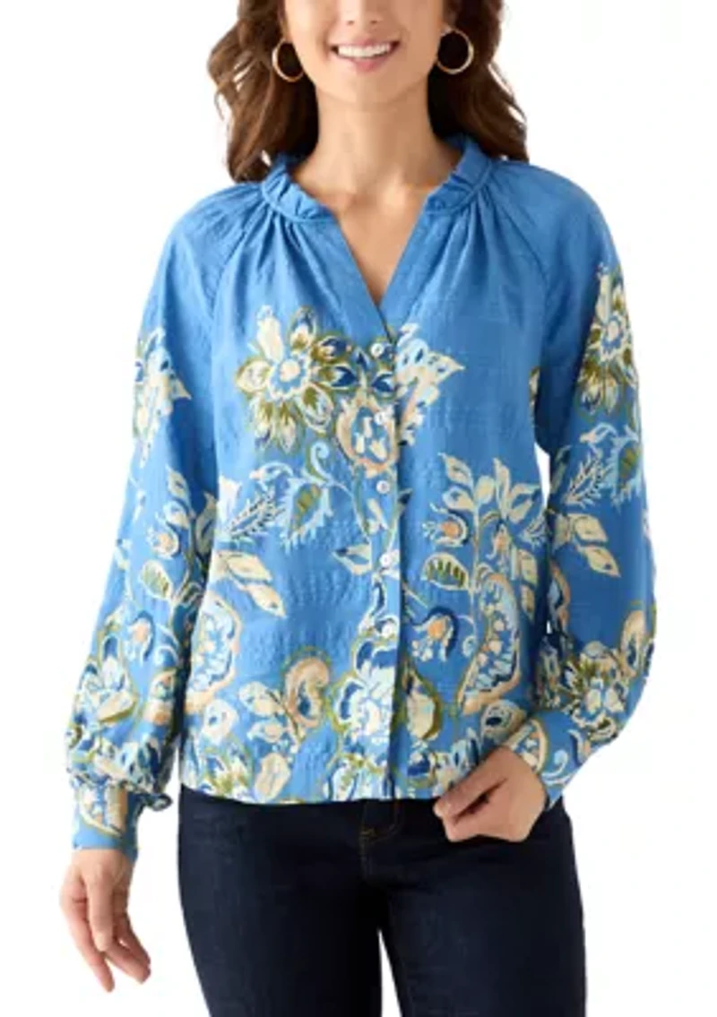 Petite Ruffle Neck Printed Blouse