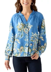 Petite Ruffle Neck Printed Blouse