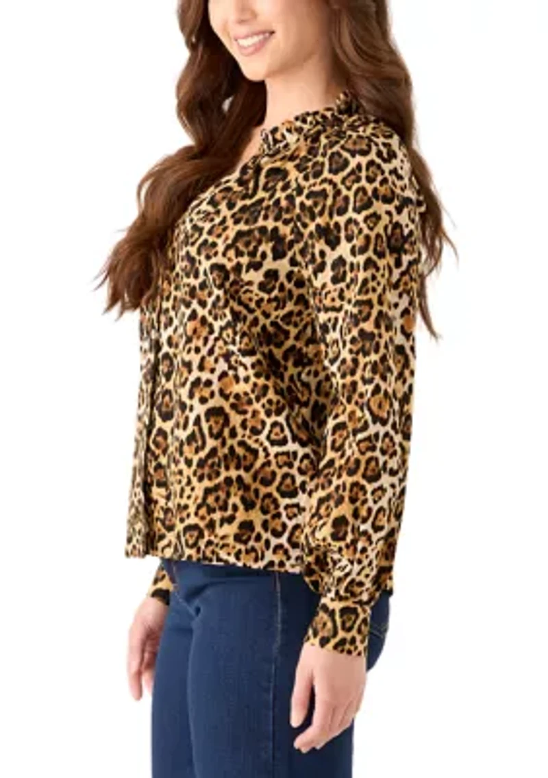 Petite Ruffle Neck Printed Blouse