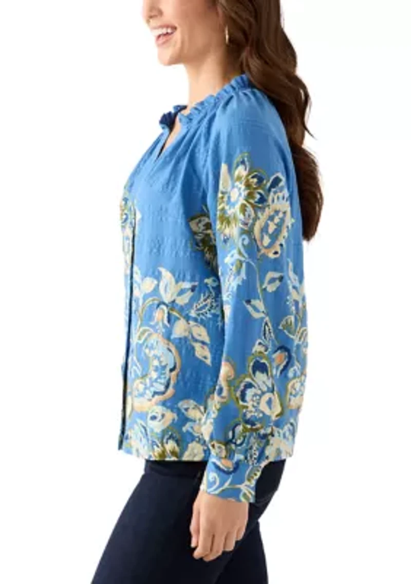 Petite Ruffle Neck Printed Blouse