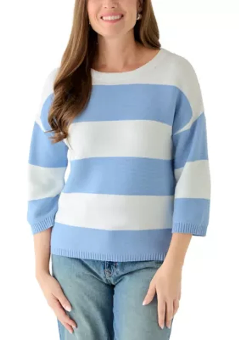 Petite Wide Striped Three-Quarter Sleeve Sweater