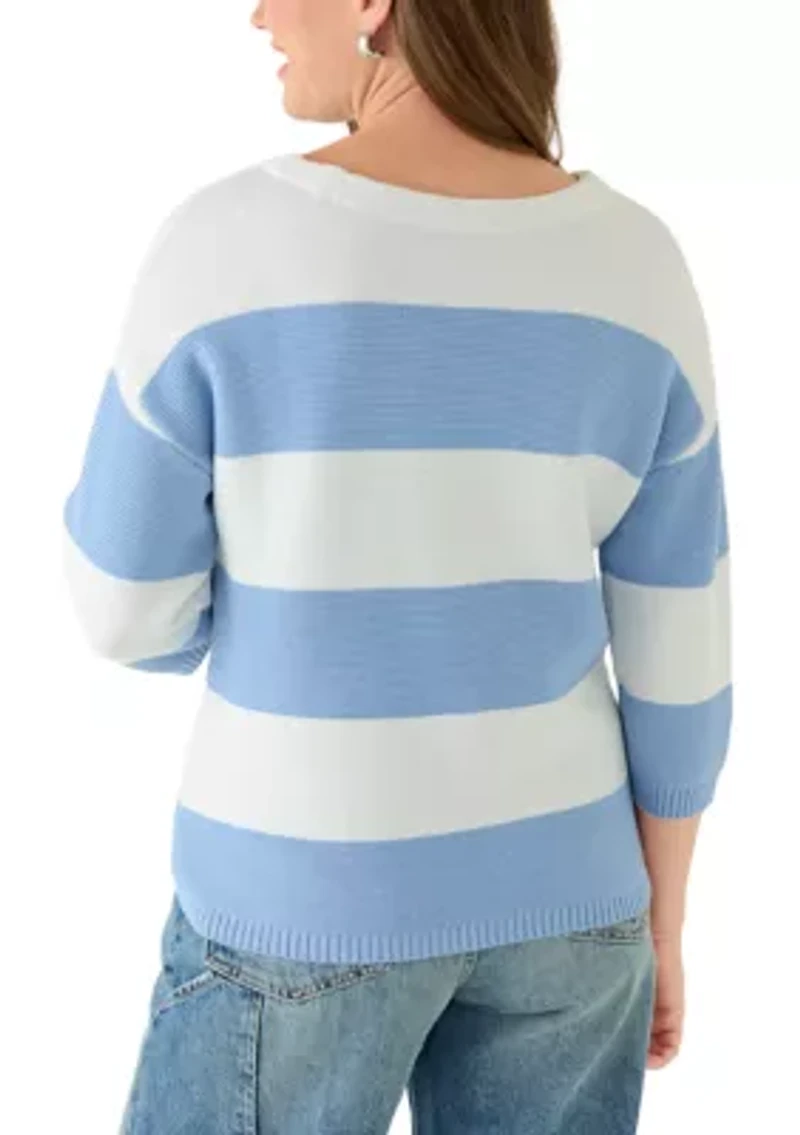 Petite Wide Striped Three-Quarter Sleeve Sweater