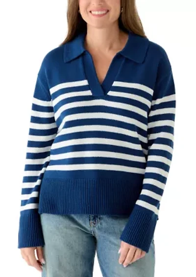Petite Striped Johnny Collar Sweater