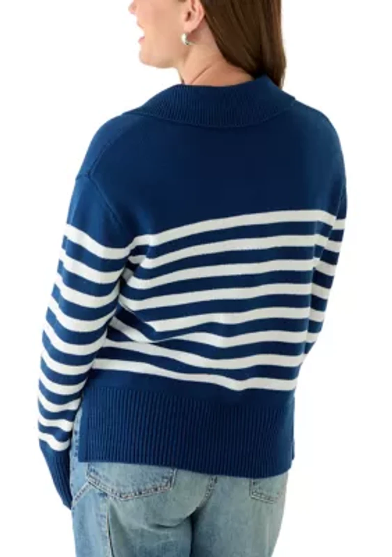 Petite Striped Johnny Collar Sweater