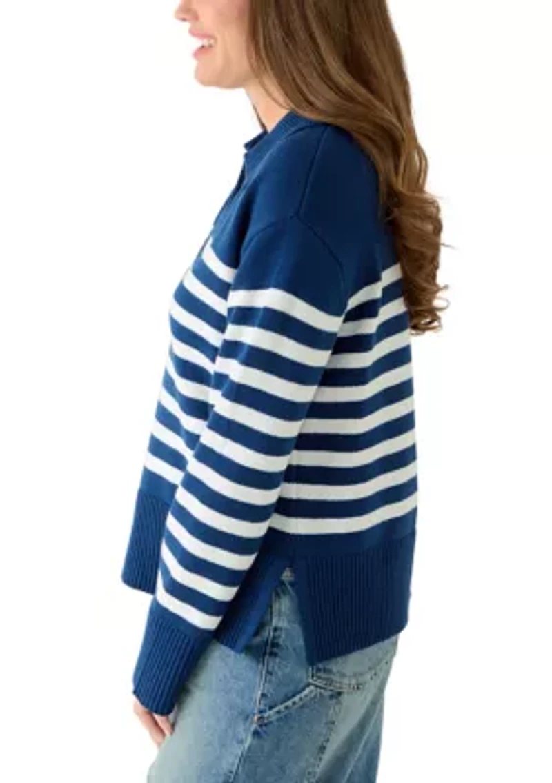 Petite Striped Johnny Collar Sweater