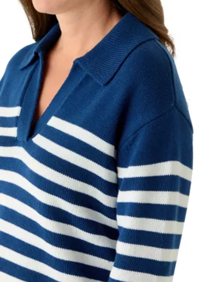 Petite Striped Johnny Collar Sweater