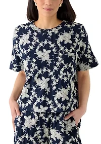 Petite Short Sleeve Pocket Embroidered Crew Neck Woven Top