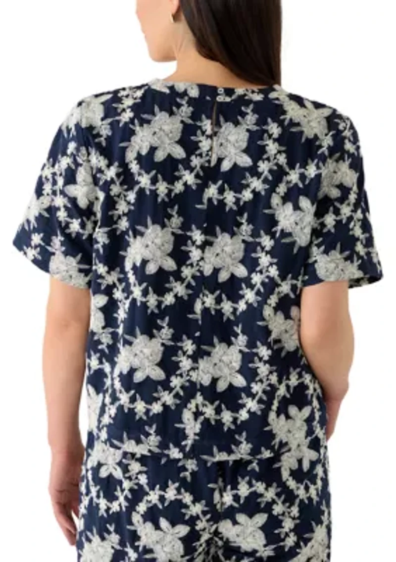 Petite Short Sleeve Pocket Embroidered Crew Neck Woven Top