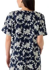 Petite Short Sleeve Pocket Embroidered Crew Neck Woven Top