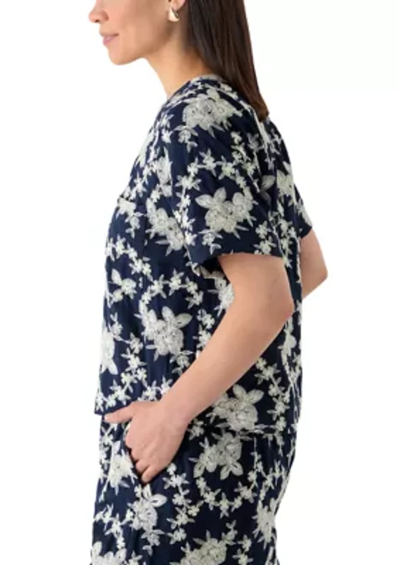 Petite Short Sleeve Pocket Embroidered Crew Neck Woven Top