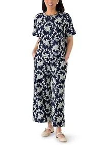 Petite Short Sleeve Pocket Embroidered Crew Neck Woven Top