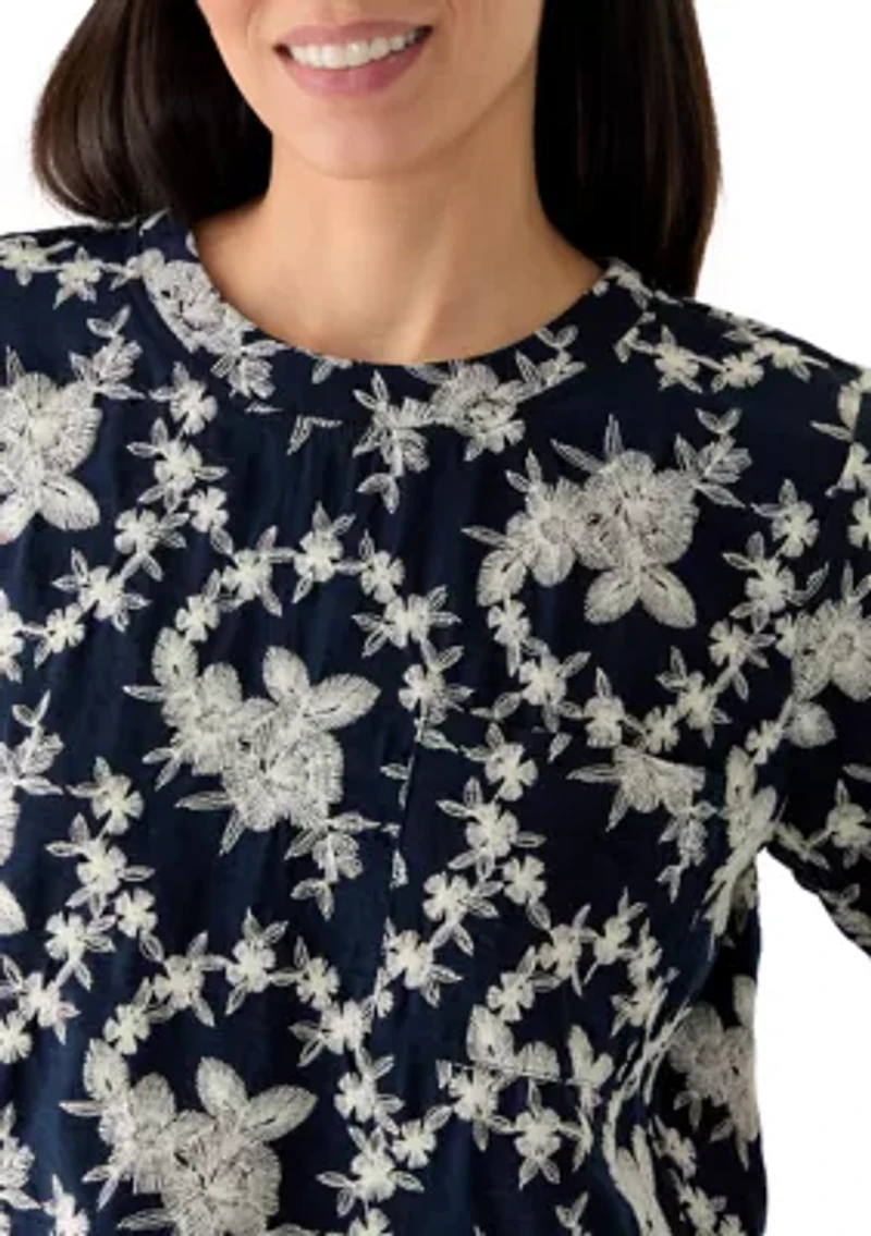 Petite Short Sleeve Pocket Embroidered Crew Neck Woven Top