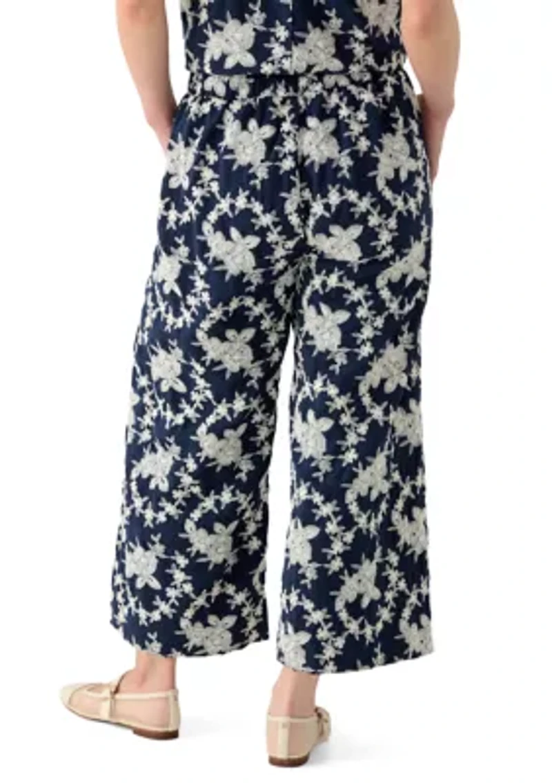 Petite Wide Leg Pull On Embroidered Pants