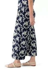 Petite Wide Leg Pull On Embroidered Pants