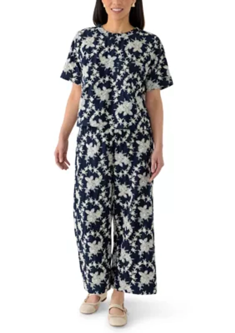 Petite Wide Leg Pull On Embroidered Pants