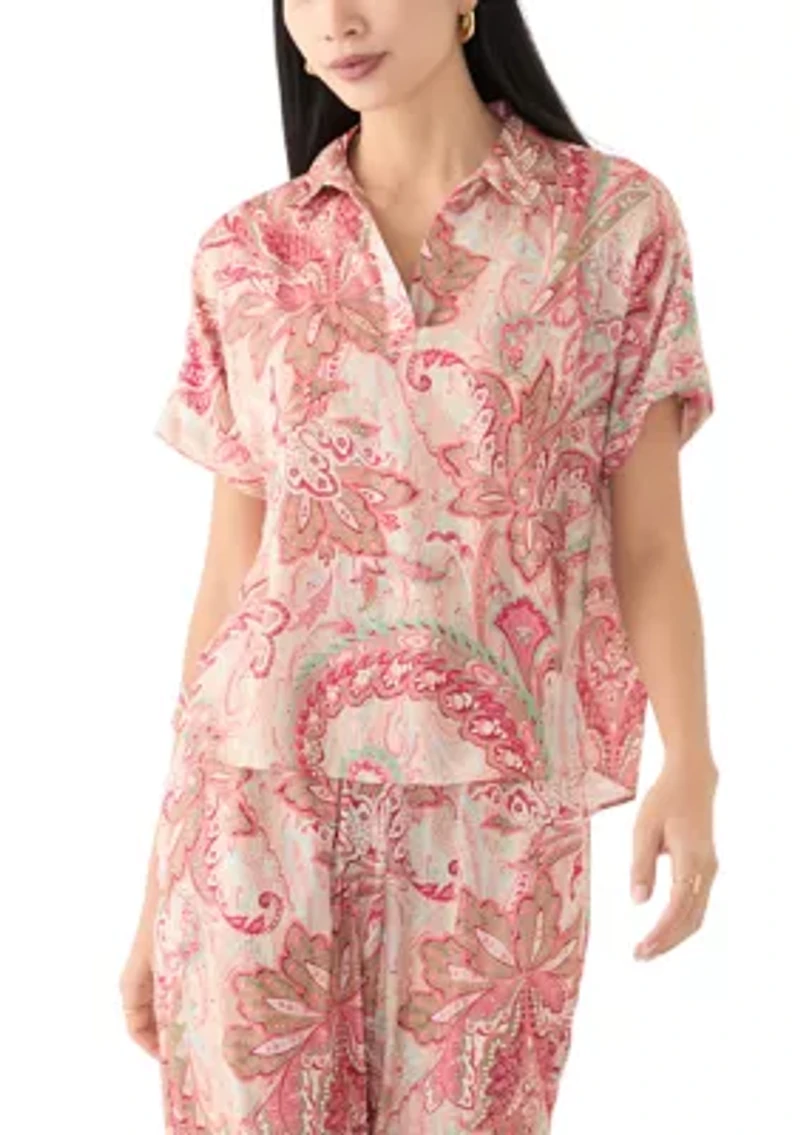 Petite Poplin Sleeve Knit Top with Button Placket