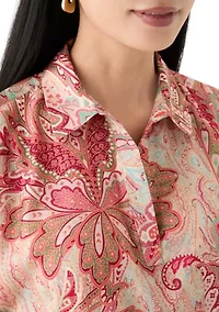 Petite Poplin Sleeve Knit Top with Button Placket