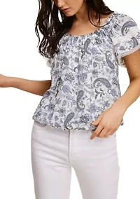 Petite Short Sleeve Printed Peasant Top
