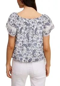 Petite Short Sleeve Printed Peasant Top